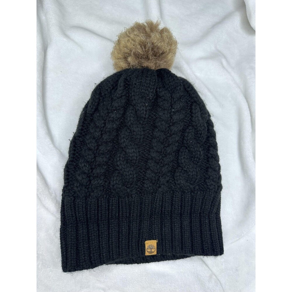 Timberland Hat Beanie Black Cable Knit Faux Fur Pom Fleece Lined Womens One Size